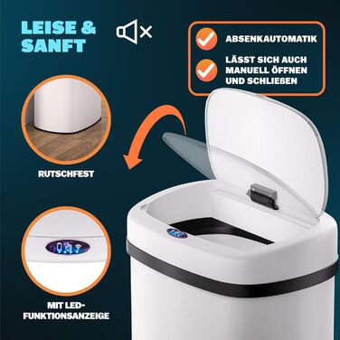 Сміттєвий бак Monzana з сенсором 50л, нержавіюча сталь, електричний, з LED-дисплеєм, білий