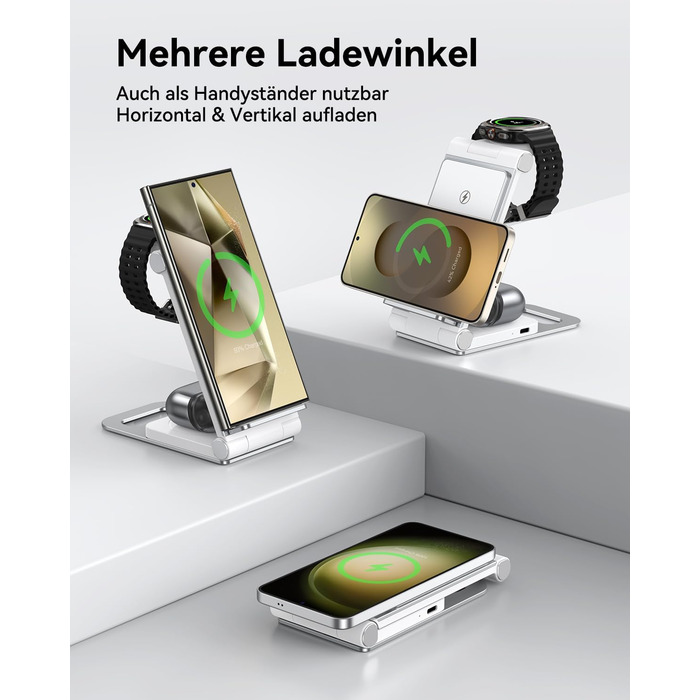 База для бездротової зарядки 3-в-1 для Samsung Galaxy (S25, S24, S23, S22, S21, S20, Z Flip, Z Fold) та Galaxy Watch/Buds, 20W, біла