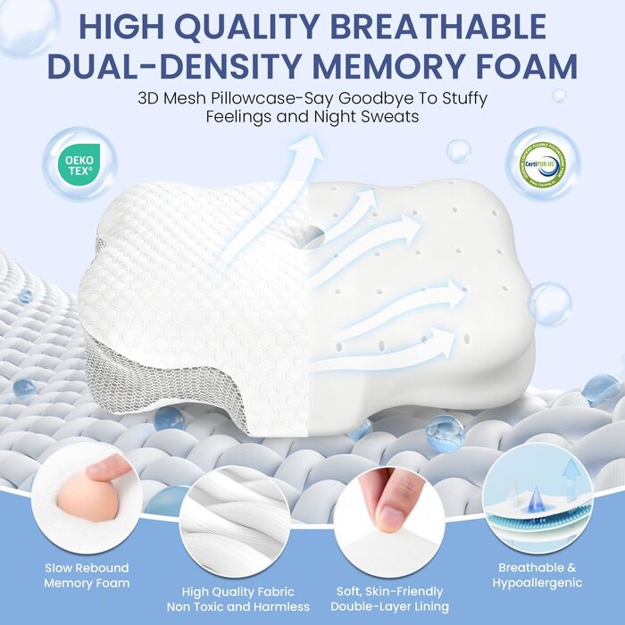 Подушка для шиї з піни Memory Foam, ортопедична для сну на боку, спині та животі (1 шт.), світло-біла