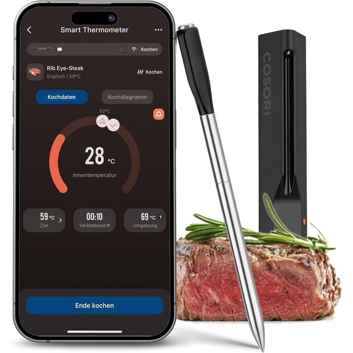 COSORI Смарт термометр для м'яса, бездротовий Bluetooth термометр для гриля та кухні, підходить для аерофритюрниці, мийка в посудомийній машині, чорний
