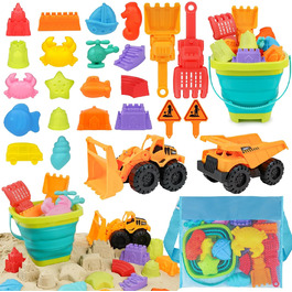 YIMORE Sand Toys Beach Toys for Boys with Folding Bucket Kids Excavator Sandbox Toy, 26 PCS Sand Molds Sand Shovel Kids, Travel Sand Toy for Ages 3+