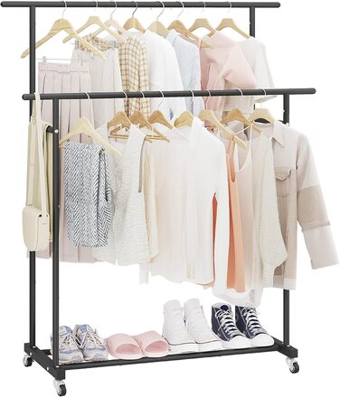 Clothes Rack with Double Rod, Rolling Clothes Rack, Portable Clothes Rack for Bedroom, Living Room, Clothing Store (Black)
