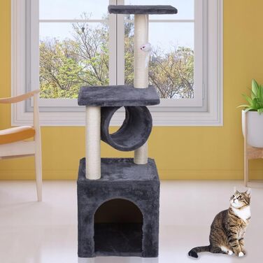 Клітка-гойдалка для котів Kratzbaum 90 см з оглядовою платформою, будиночком та когтеточками, сізал, сірий