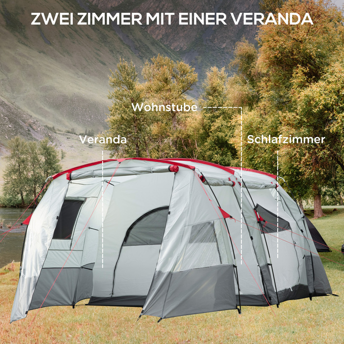 Outsunny Tunnel Tent 8-Person Tent with Sleeping Cabin, Living Room, Carry Bag, 2000mm Water Column, Gray | Aosom