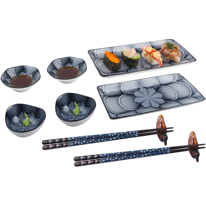 Набір для суші Artcome (10 шт) з кераміки в японському стилі - 2 тарілки, 2 соусники, 2 миски для закусок, 2 пари паличок, 2 підставки, темно-синій