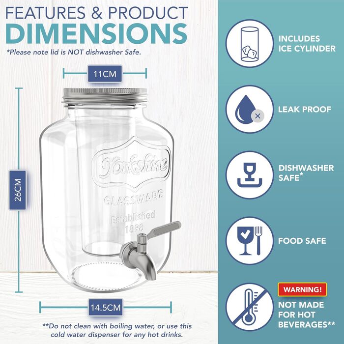 HEFTMAN Glass Drink Dispenser with Tap – 3.7 Liter Mason Jar Drink Dispenser with Leak-Proof Stainless Steel Spout & Ice Cylinder Refrigerator Water Dispenser, Punch, Cocktails, Empty Drink Dispenser