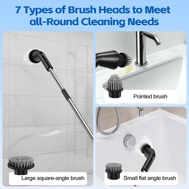 Електрична щітка для чищення ванни та душової кабіни, 7 насадок, бездротова, з висувним ручками, для ванної, кухні та авто (чорна)