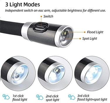 LED лампа для читання GRSTREE з гнучкими підлокітниками, 3 режими яскравості, для читання в ліжку, рукоділля, чорного кольору