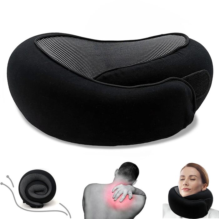 Подушка для подорожей на літак 2024 з підтримкою підборіддя, Memory Foam, чорна