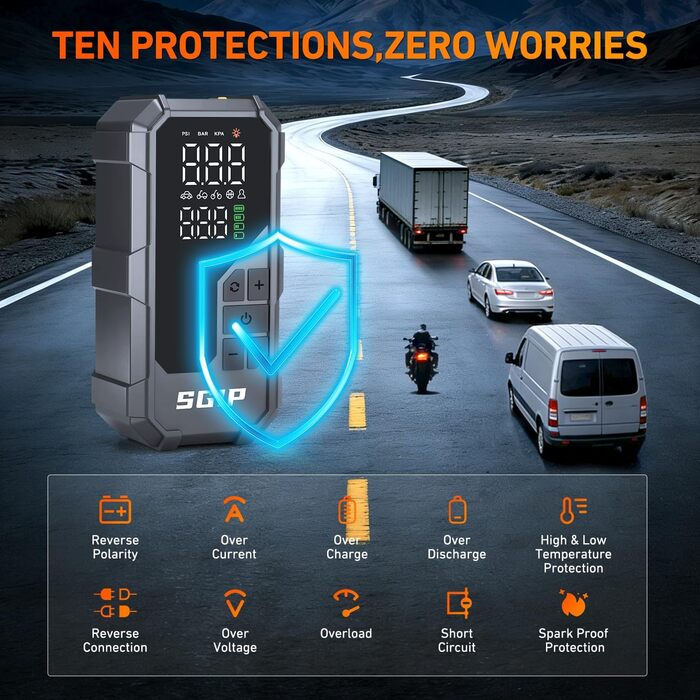 Пускозарядний пристрій для авто 7000A з компресором 150PSI, Powerbank 26800mAh для бензину (до 9л) та дизеля (до 8л), LED-ліхтар