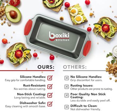 Loaf Pan - Premium Non-Stick Loaf Pan Made of Steel by Boxiki Kitchen | Professional Non-Stick Baking Pan for Baking Banana Bread, Meatloaf, and Pound Cake | 21.5 x 11.5 cm, with Red Silicone Grips
