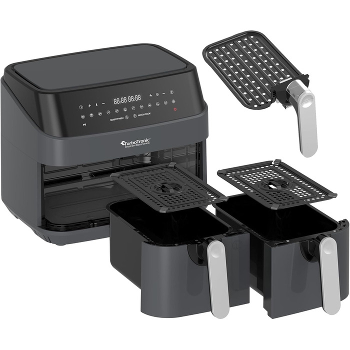 Аерофритюрниця TurboTronic Doppel XXL 9л (2х4.5л) з цифровим керуванням, сіра - фритюрниця без олії, 12 програм