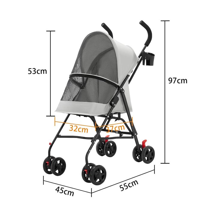 Візок для собак Homewell 2в1: візок-будка, сумка-переноска, з підсклянниками та захистом від дощу, з гальмом, сірий