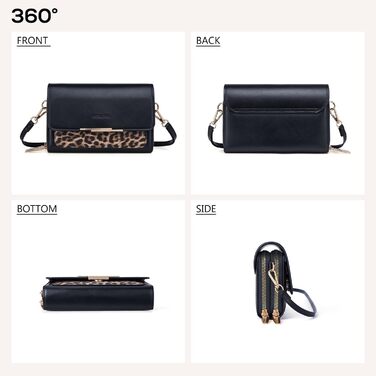 Сумка Roulens Klein через плече для жінок, екошкіра, чорно-леопардовий принт. Невелика крос-боді сумка для телефону, документів та карт. Регульований ремінець.