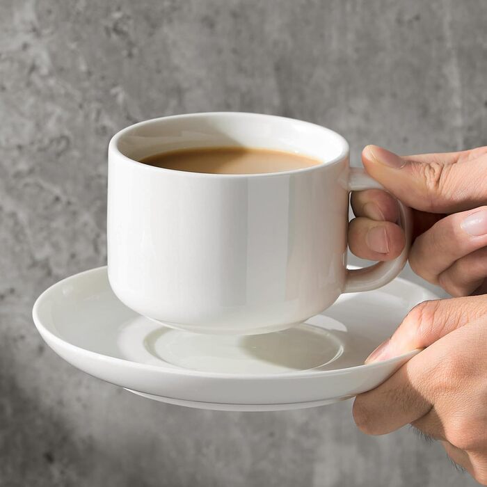 Набір кавових чашок і блюдець Porzellan (4 шт.), з золотою ложкою, 220 мл, кераміка. Чашки капучино для чаю, еспресо (білий)