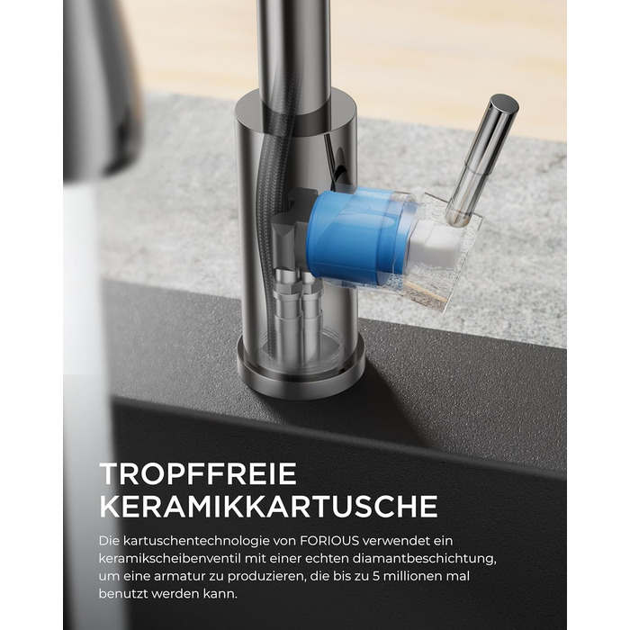 Кран кухонний FORIOUS з висувною лійкою, 360° обертання, 2 режими, хром полірований