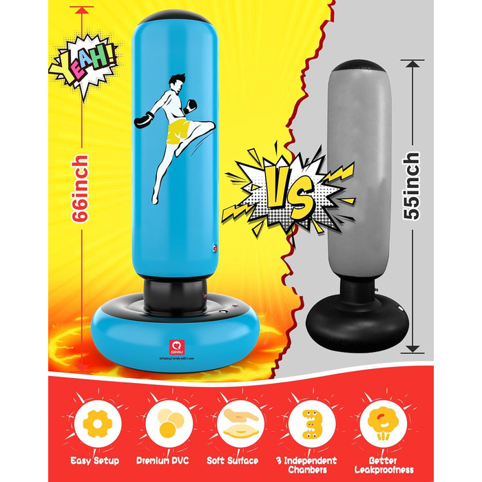 Дитячий боксерський мішок QPAU з рукавичками, надувний, 168 см, для хлопчиків та дівчаток 6-12 років, блакитний