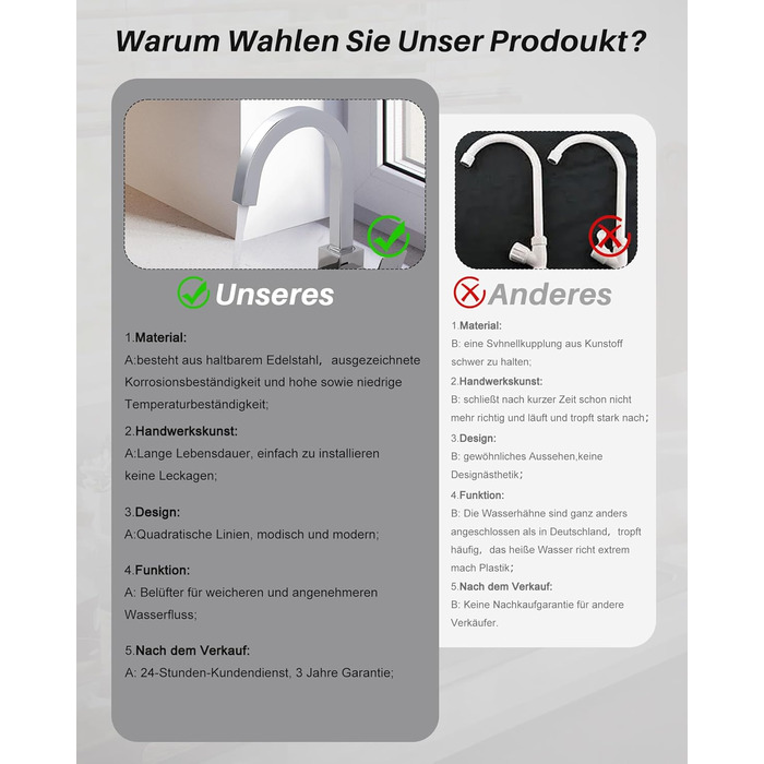 Кран кухонний поворотний 360° з нержавіючої сталі, високий тиск, для кухні, автодому, ванної кімнати (B Chrome)