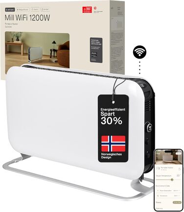 Електричний конвекторний обігрівач Mill 1200W, 14-18 м², Wi-Fi, енергозберігаючий, білий
