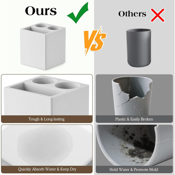 Тримач для зубних щіток Luxspire з 5 відсіками, з кремнеземом, для ванної кімнати, швидковисихаючий, для електричної зубної щітки та пасти, для стільниці, кухні, білий мармур, 5 відсіків - 1 упаковка (світло-сірий, 3 відсіки - 1 упаковка)