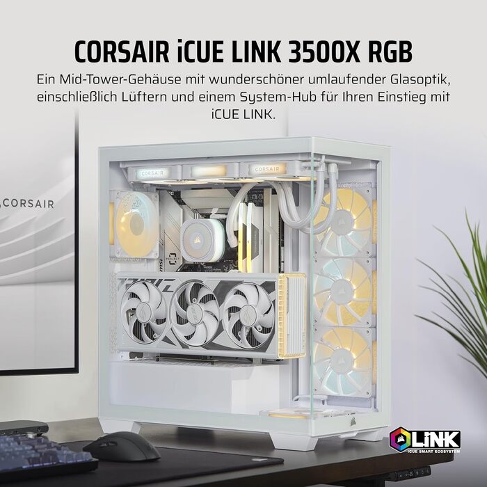 Корпус ПК CORSAIR 3500X Mid-Tower ATX з панорамним склом, білий, з 3 вентиляторами RS120, сумісний з перевернутим розташуванням материнської плати