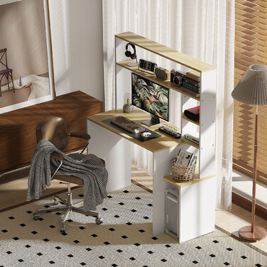 HOMCOM Desk 113 x 45 cm Computer Desk Office Desk with Open Shelves, CPU Stand, Steel Frame for Home Office, Bedroom Oak | Aosom