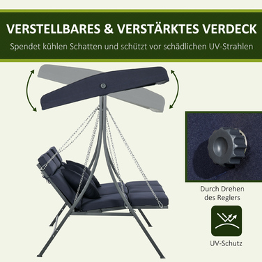 Outsunny Hollywood Swing, 3-Seater, Holds up to 270 kg (595 lbs), Swing Bench with Adjustable Canopy, Garden Swing with Cushions | Aosom