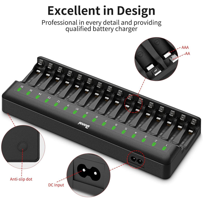 Зарядний пристрій BONAI для акумуляторів AA AAA з LED-індикатором, 16 слотів, універсальний, чорний