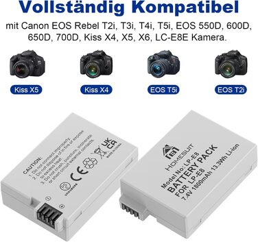 Акумулятор LP-E8 1800mAh та LED зарядний пристрій для Canon EOS Rebel T2i T3i T4i T5i EOS 550D 600D 650D 700D Kiss X4 X5 X6 X6i X7i (2 шт. акумулятори + 1 зарядний пристрій)
