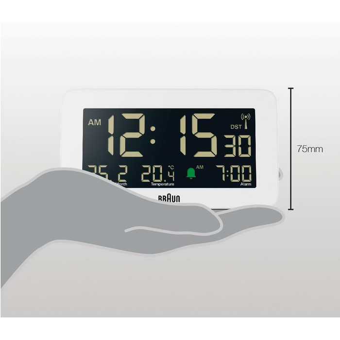 Braun Funk-Digitalwecker for the Central European Time Zone (DCF) with date, month, and temperature display, negative LCD display, and white alarm tone, Model BC10W-DCF.