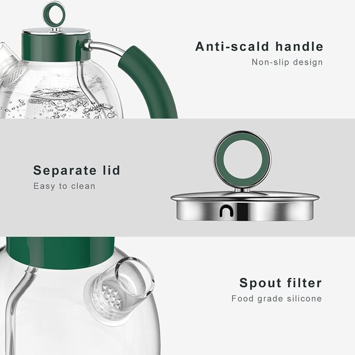 Електричний чайник ASCOT зі скла та нержавіючої сталі, 2200W, 1.5L, без BPA, тихий, швидкий, бездротовий, з захистом від сухого кипіння та автовимкнення, білий (Смарагдовий)