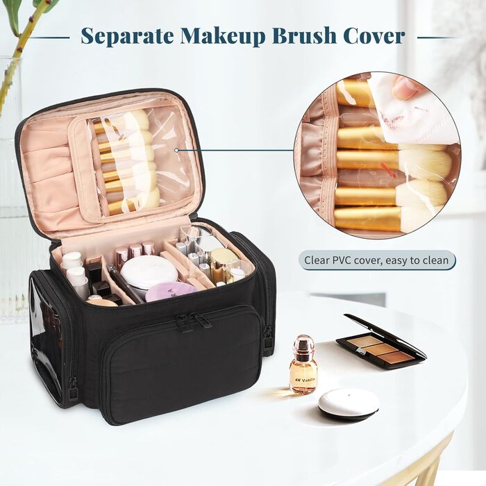 Косметичка для подорожей, велика, чорна: органайзер для макіяжу з відділенням для пензлів, дамська косметичка