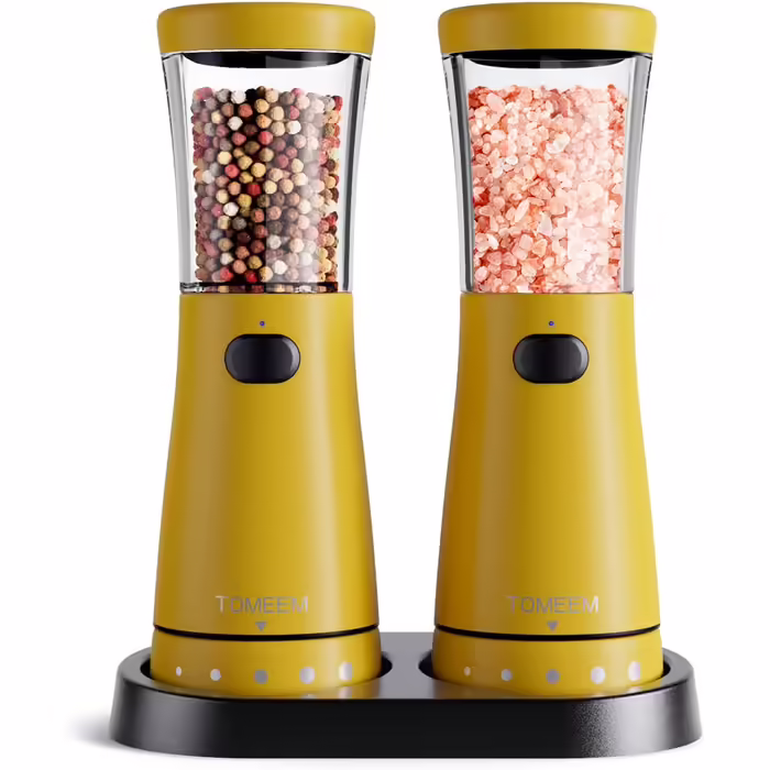 Electric Salt and Pepper Grinder Set of 2, Stainless Steel (Rechargeable, LED Lighting, with Adjustable Ceramic Grinder, Cleaning Brush) Electric Spice Grinder, Yellow