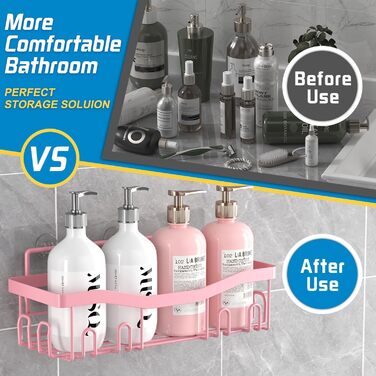 Self-adhesive shower shelf, no drilling required, bathroom organizer, 5 pieces, stainless steel shelves with soap holder and toothbrush holder, pink bathroom accessory decor set