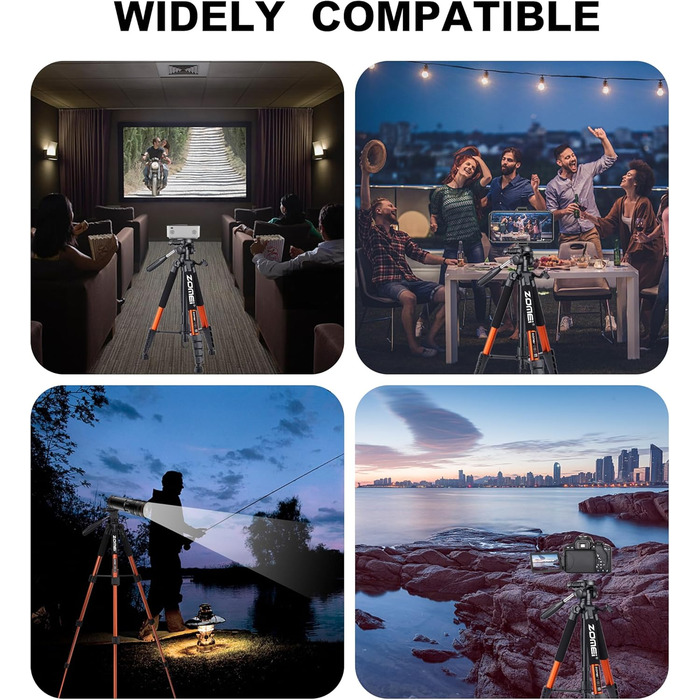 Штатив ZOMEi 188 см - важкий, для професійного відео та фото, сумісний з DSLR, телефонами, проекторами, біноклями, телескопами (чорний, помаранчевий)