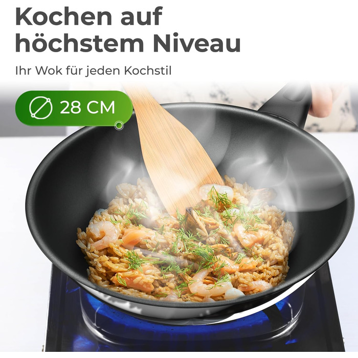 KLAMER Wok з нержавіючої сталі з антипригарним покриттям, професійний, для індукційних плит, з високим бортиком, сумісний з духовкою та посудомийною машиною