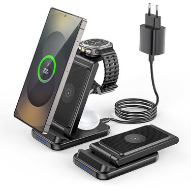Бездротова зарядка 3-в-1 для Samsung: станція з подвійною котушкою, захистом від перевантаження та портативним дизайном для смартфонів, смарт-годинників та навушників