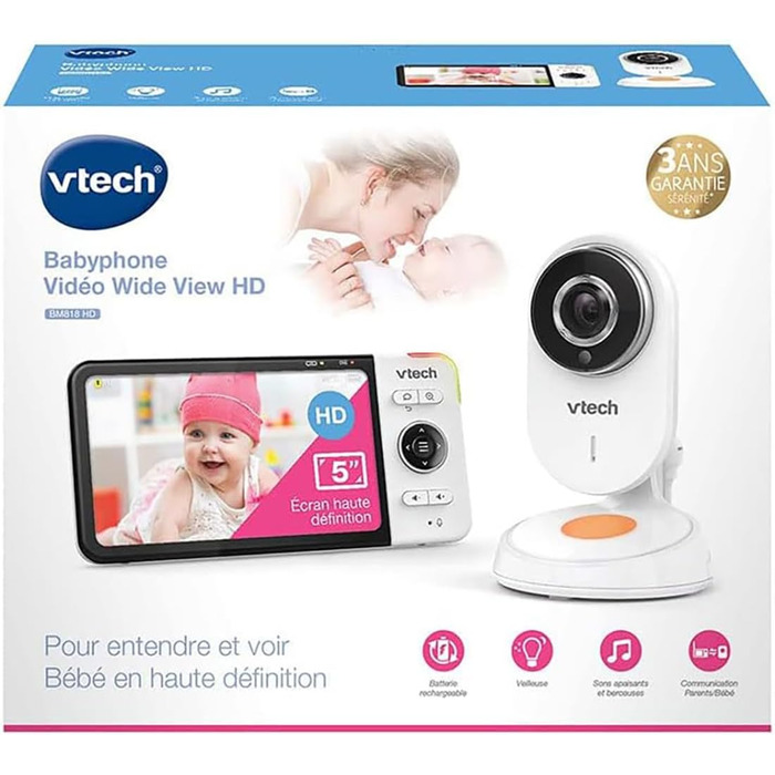 Vtech VM901-1W WiFi камера, дитячий відеомонітор з 5-дюймовим HD-дисплеєм, поворотна камера 1080P, мобільний додаток, широкий кут огляду 120°, сумісність з iOS та Android