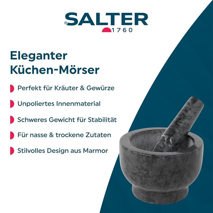 Ступка з мармуру Salter BW11852EU7 для розтирання спецій, трав, часнику та приготування песто, чорна