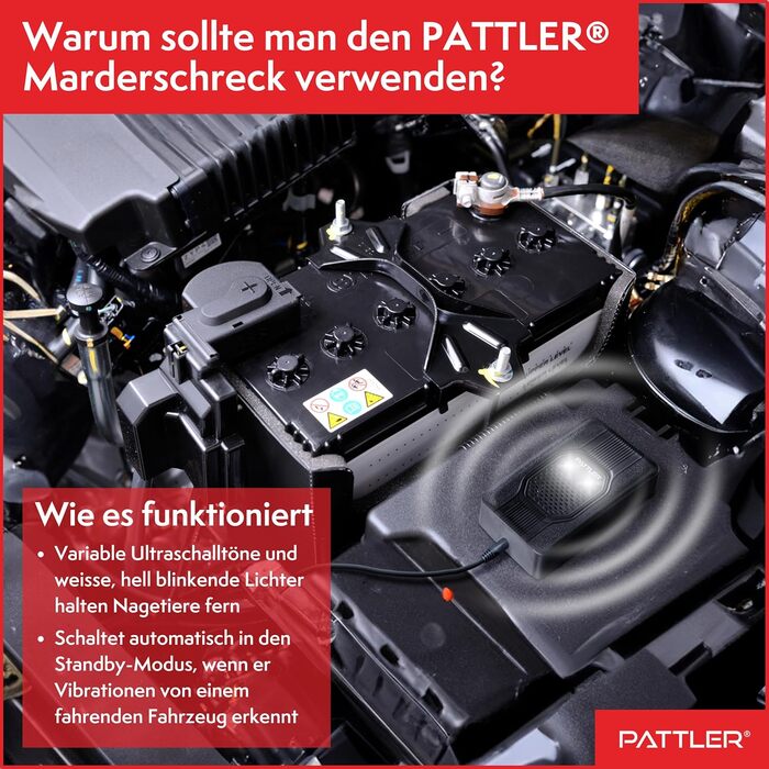 PATTLER® Захист від куниць для авто з миготливим світлом, універсальне живлення 12V/AA/USB, ефективний відлякувач для автомобіля, горища, саду, 2 шт.