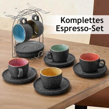 MIAMI - Set of 6, 80 ml, stackable espresso cups made of ceramic with saucers and metal stand, espresso cups, mocha cups, coffee cups for espresso, latte - Las Palmitas Collection