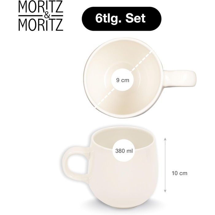 Набір кавових чашок Moritz & Moritz ALHAMBRA, 6 шт., кремовий колір, 380 мл, порцеляна. Стильний дизайн з ручкою, для кави, чаю, капучино