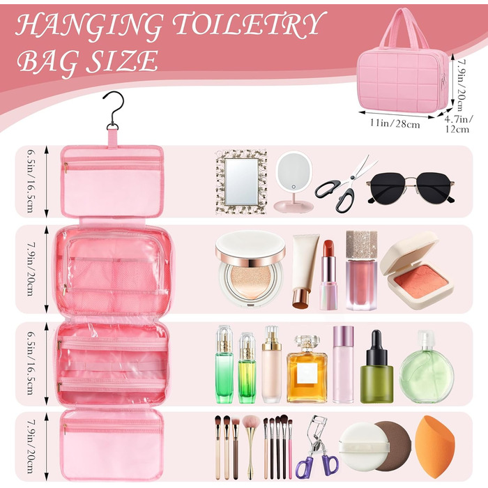 Кришталево-рожева дорожня косметичка для жінок з організатором для прикрас та гачком, водонепроникна, з кількома відділеннями