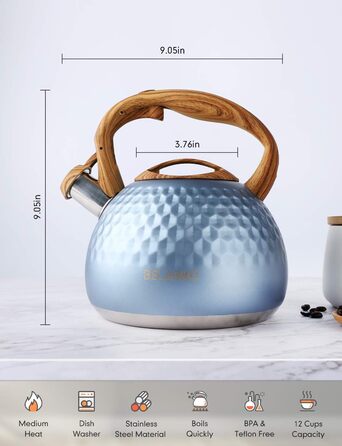 Чайник BELANKO Teekessel 2.7 л з дерев'яною ручкою, гучний свисток, чайник з нержавіючої сталі для плити, індукції, діамантовим дизайном, чорний (блакитний Glacier Blue)