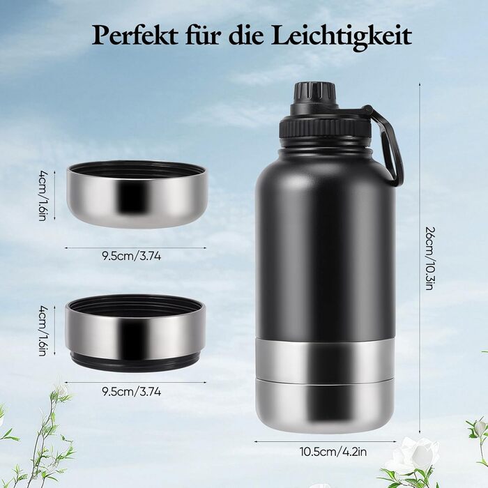 Водяна пляшка для собак на винос 4-в-1, 1000 мл, з мисками для води та корму, з нержавіючої сталі, BPA-Free