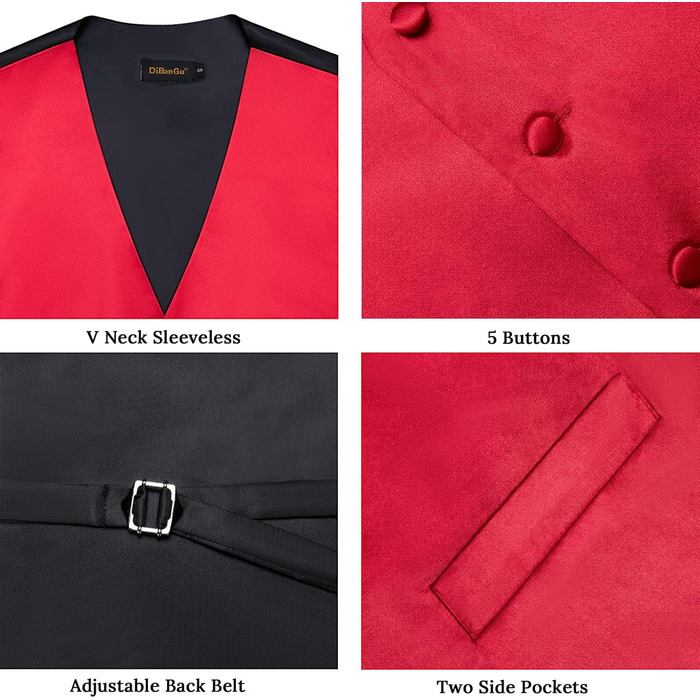 Жилет з атласу DiBanGu для чоловіків з краваткою та булавкою на лацкан, костюмний, для весілля, вечірки (L, Червоний)