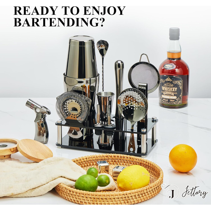 Набір шейкерів Boston - 16 предметів, нержавіюча сталь з акриловою основою, сито, щипці для льоду, барна ложка, мірний стакан, мадлер, виливний носик та шпажки для коктейлів (чорний)