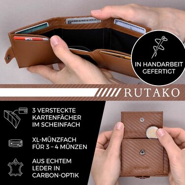 RUTAKO Slim Wallet with XL Coin Pocket & RFID Protection - Card Holder for Men & Women - Small Credit Card Holder - Mini Wallet - Purse/Wallet Small - Wallet Carbon-Cognac