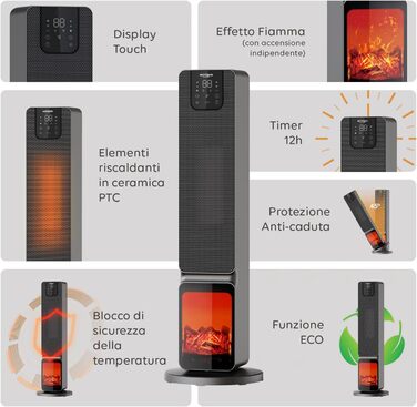 Електричний обігрівач Wintem Tower 800/2000W з LED-дисплеєм, пультом керування та автоосіляцією. Економний, до 20 м², захист від перегріву, чорний.