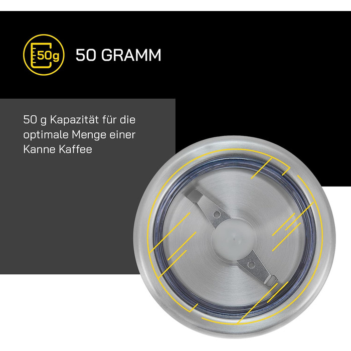 Електрична кавомолка GUTFELS COFFEE 5010, 50 г, нержавіюча сталь, з віконцем, SAFE-CLOSE